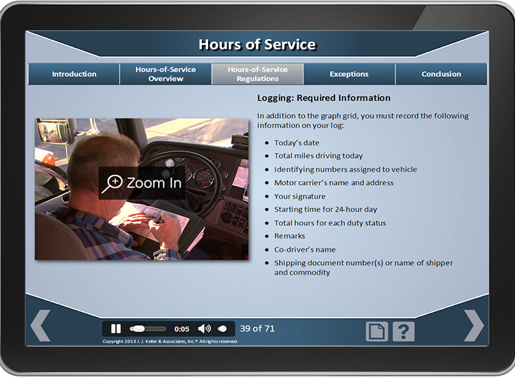 course on tablet: hours of service training